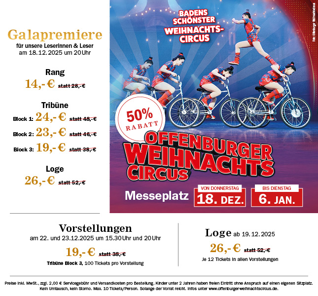 Offenburger Weihnachtscircus LeserPlus-Preis ab 14,00 Euro. Tickets erhältlich unter mittelbadische.reservix.de