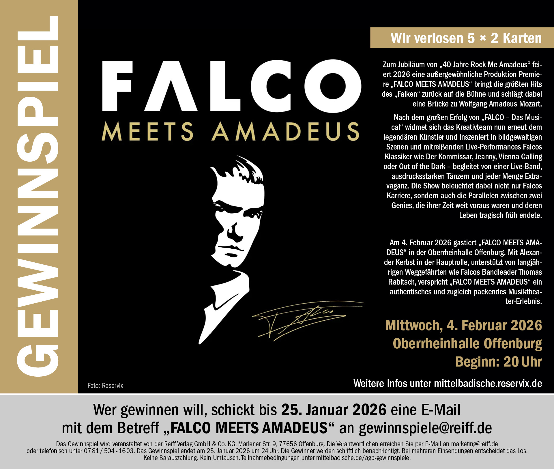 Gewinnspiel Falco meets Amadeus: Mitmachen unter gewinnspiele@reiff.de