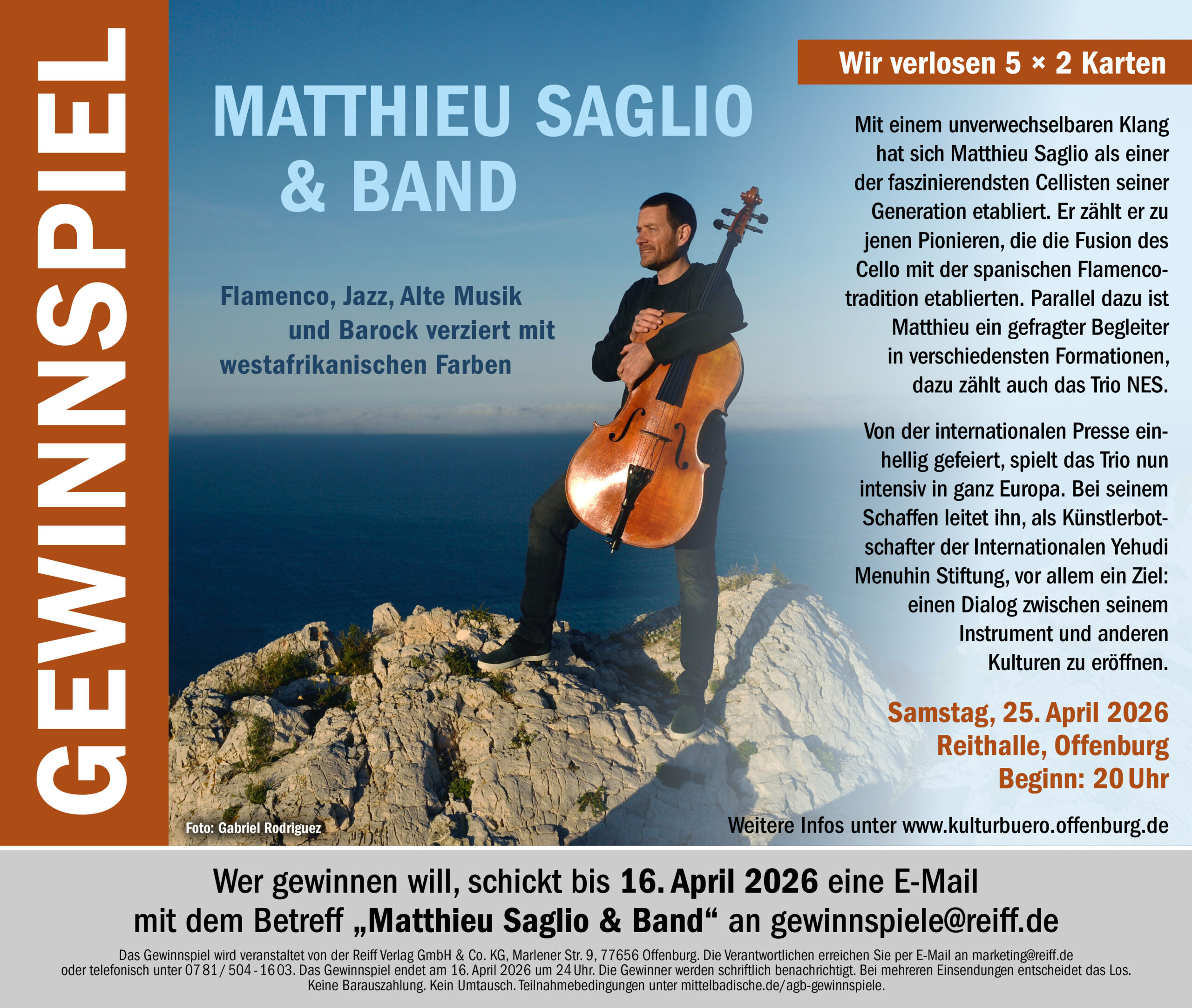 Gewinnspiel Matthieu Saglio & Band: Mitmachen unter gewinnspiele@reiff.de