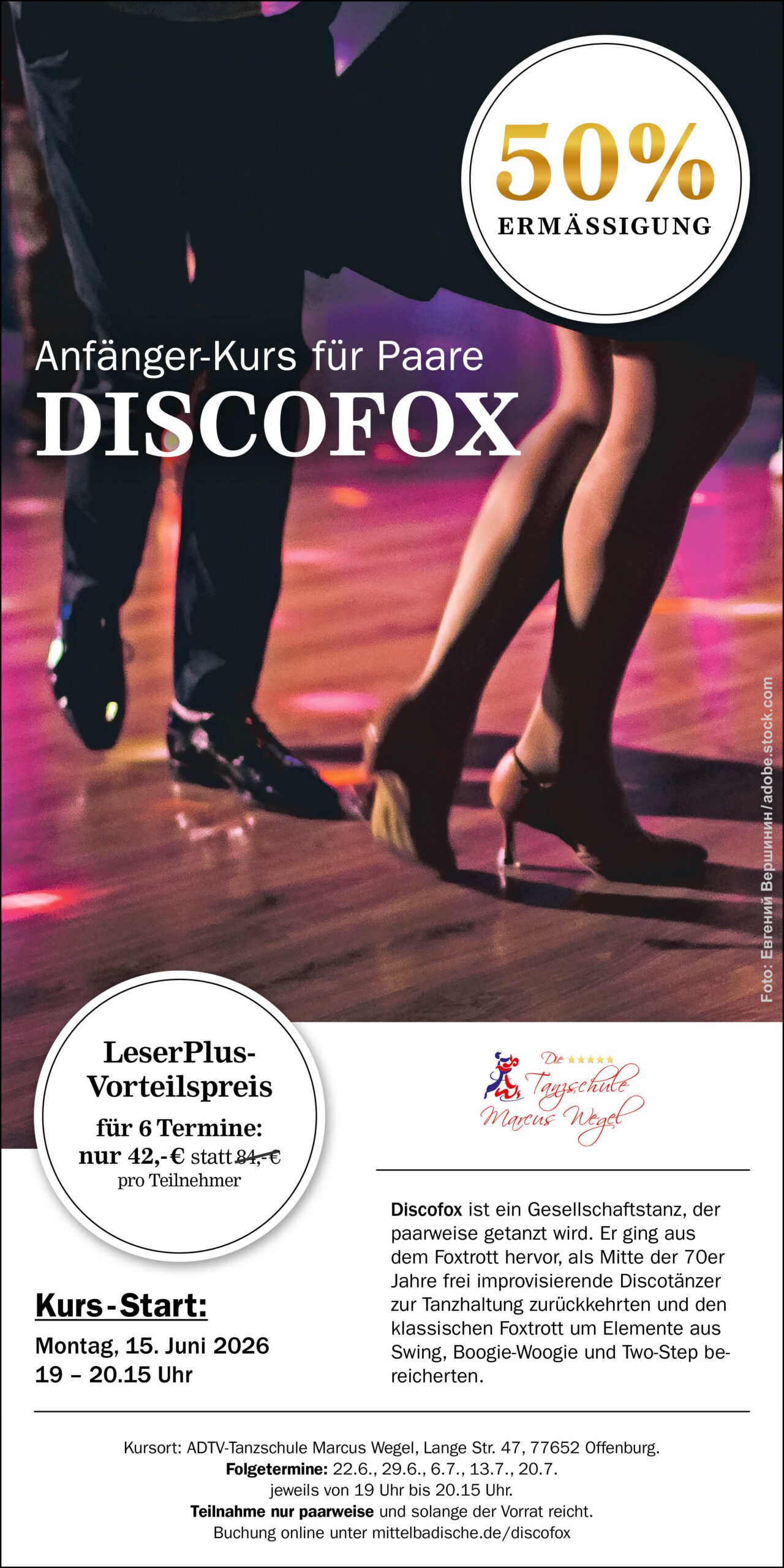 Discofox Tanzkurs 50% Ermässigung. LeserPlus-Vorteilspreis
